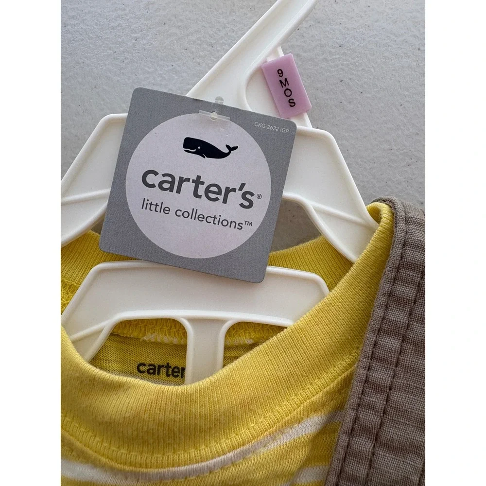 Carters Little Collections Baby Boys 9M Yellow Striped Shirt Khaki Crab Overalls